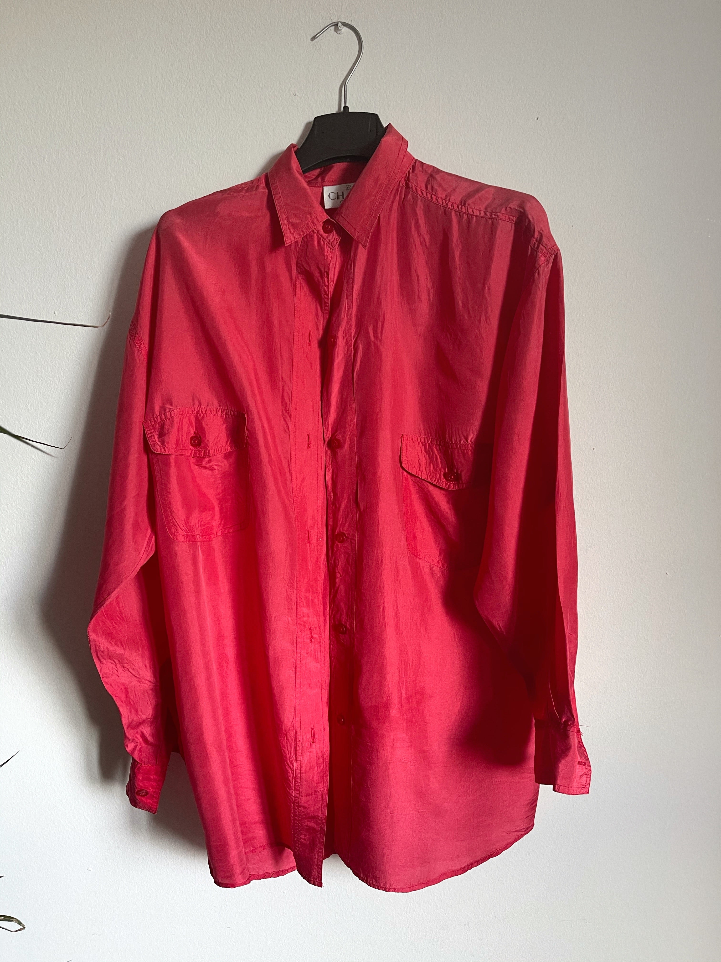 100% silk red button down shirt
