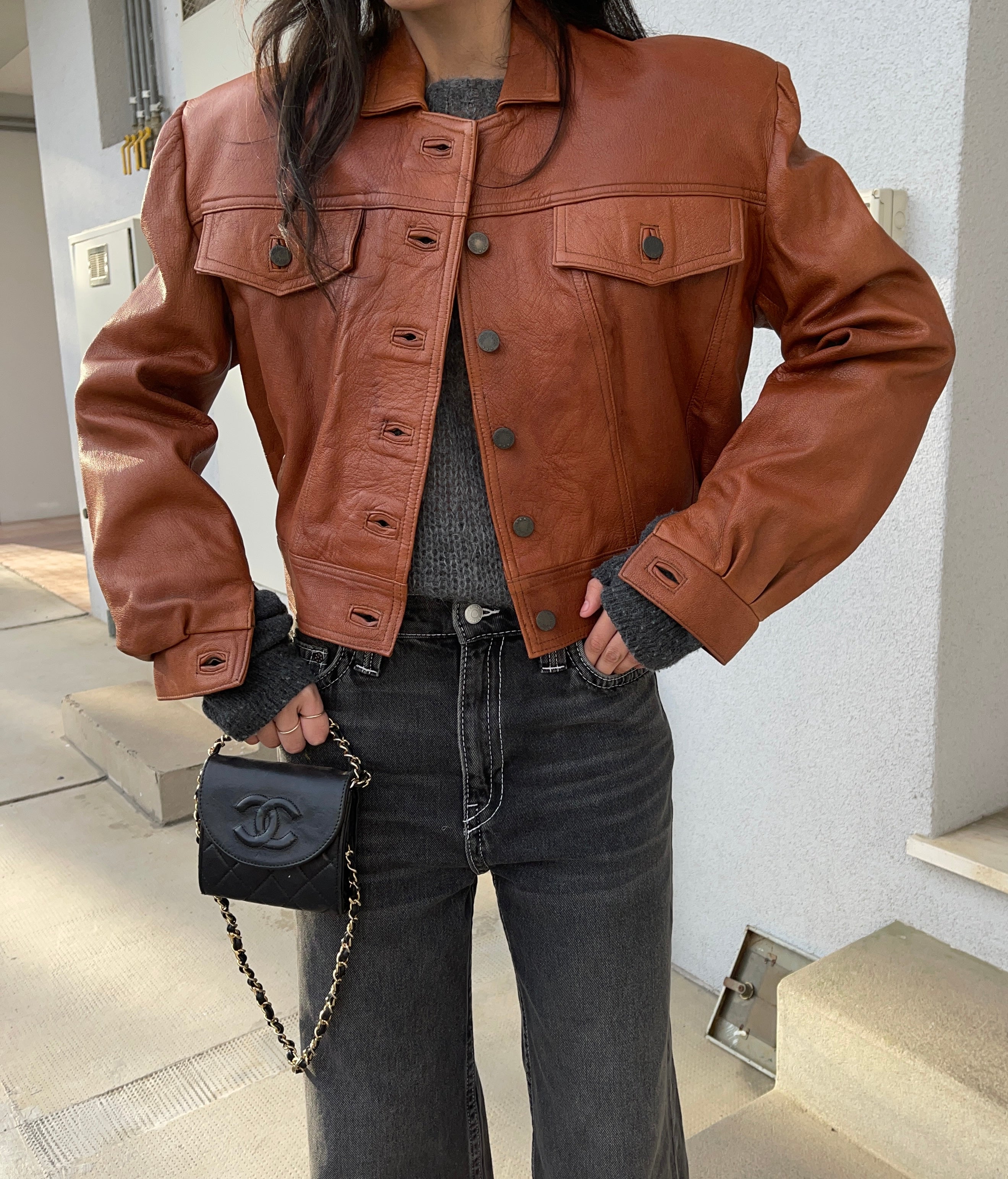 Cropped cognac leather jacket