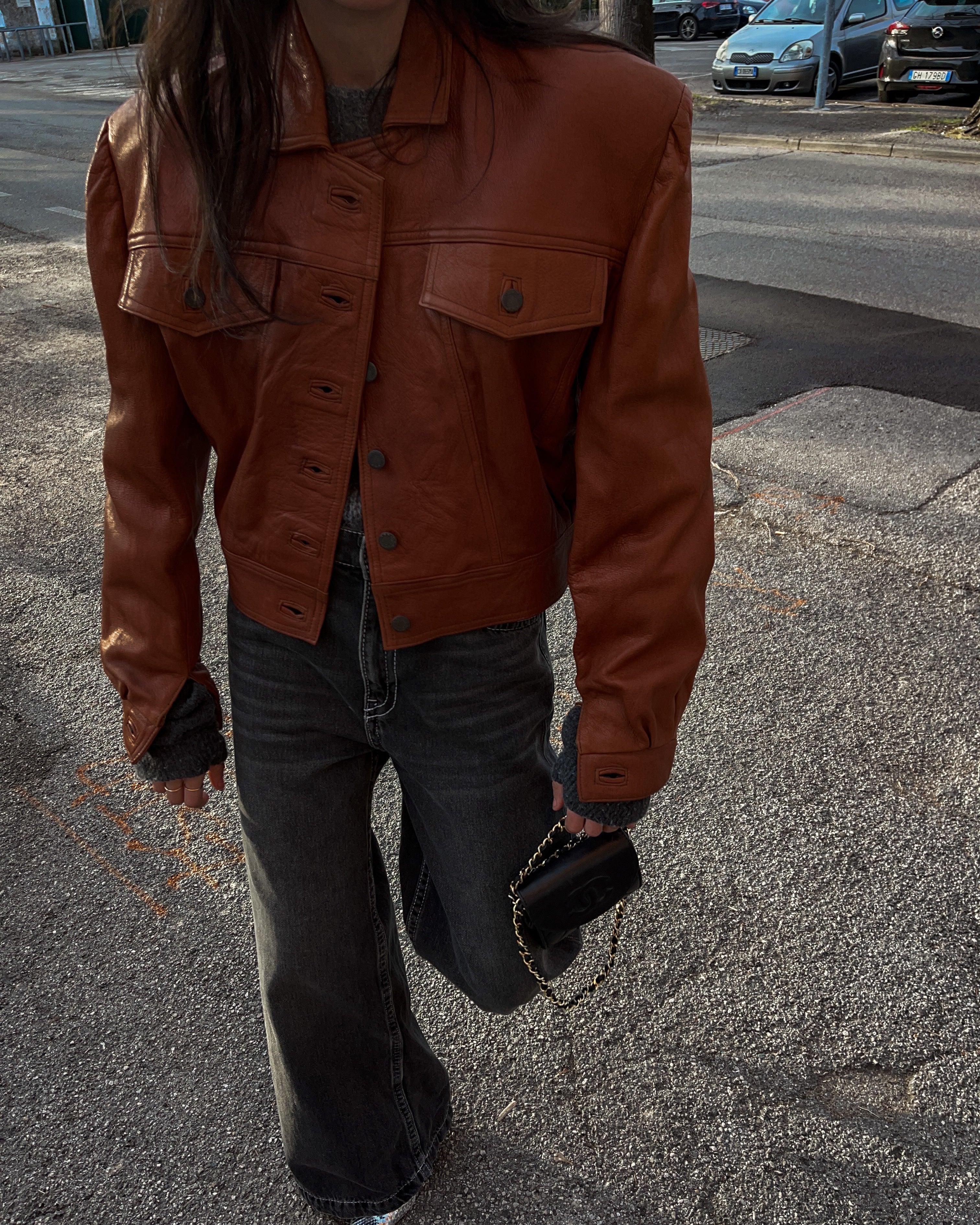 Cropped cognac leather jacket